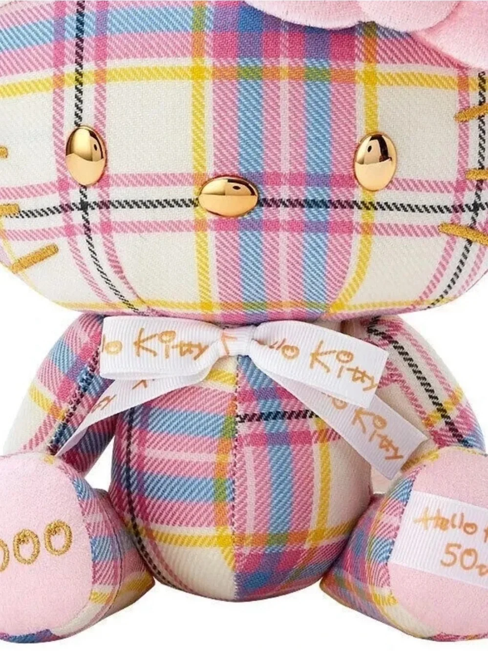 Hello Kitty Plush 50th Anniversary Scottish made- Pink Plaid - Gold Accents LE